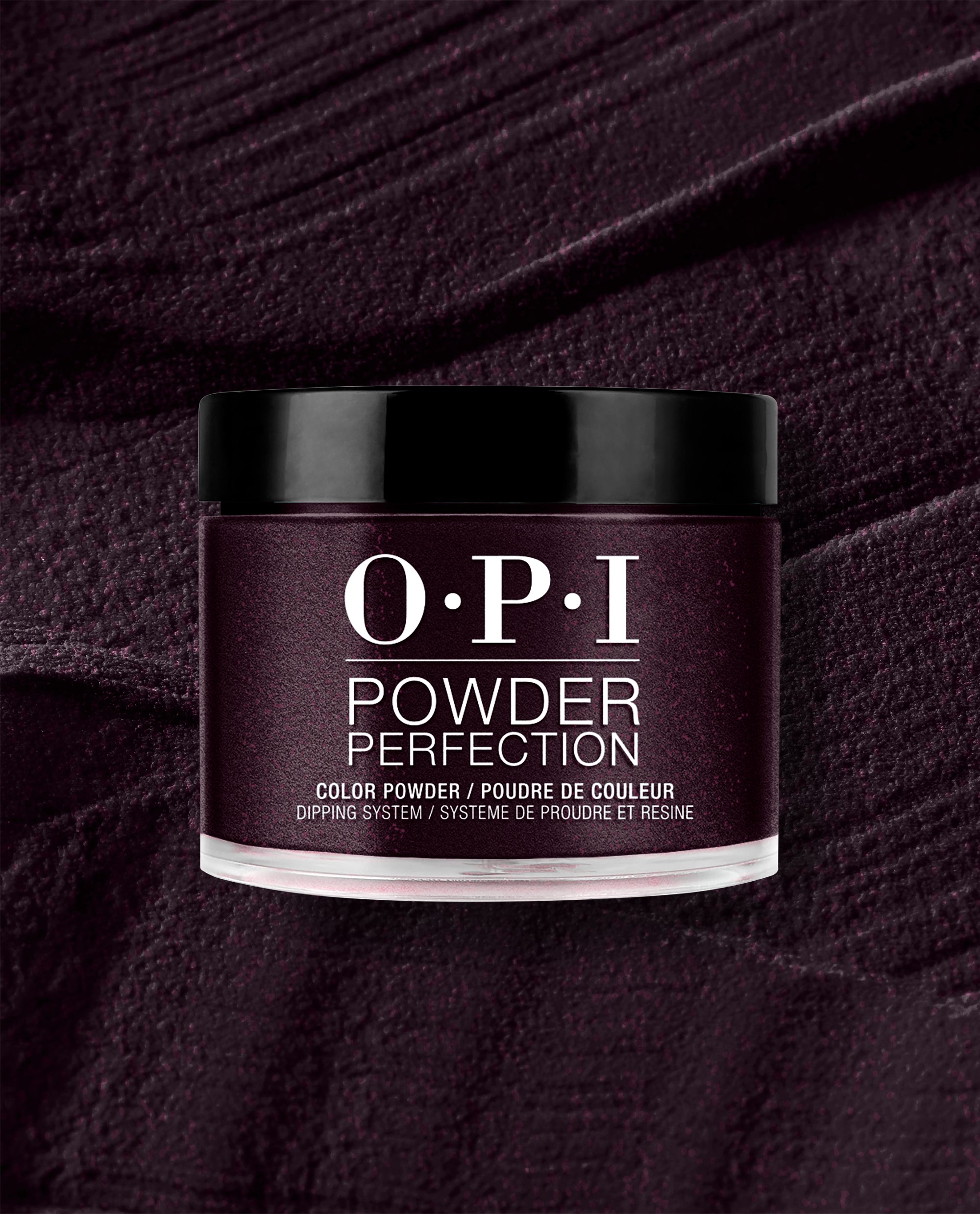 OPI Every Month is Oktoberfest dipping powder jar in deep burgundy shimmer, displayed on a matching textured swatch for rich fall nail colors.