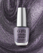 OPI nail polish Funmetal Infinite Shine bottle standing upright, showcasing its metallic lavender gel-like lacquer against a swirling, glittery purple background that highlights the long-lasting, high-shine finish for manicures.