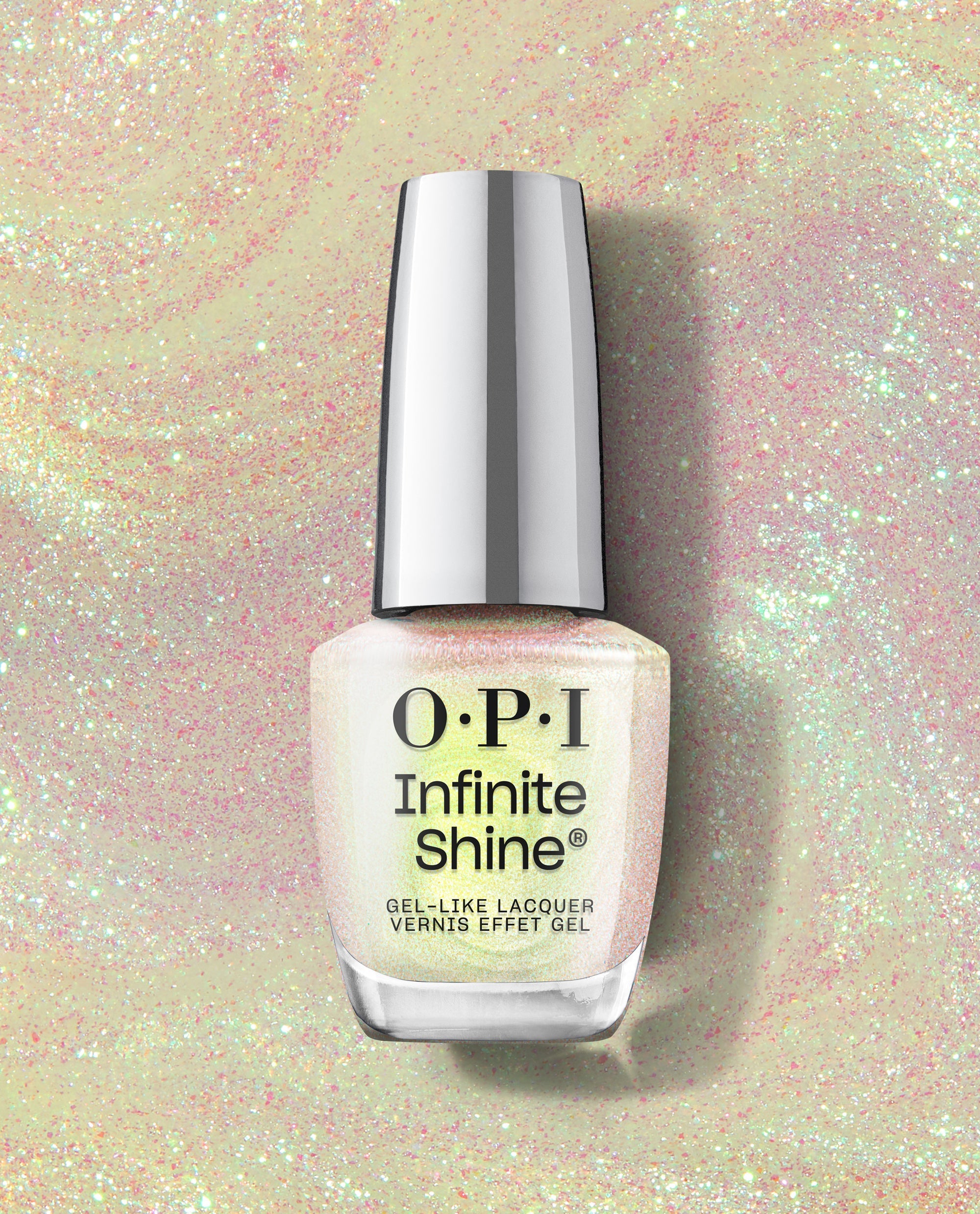 OPI Infinite Shine MarshmelloOo So Sweet nail polish bottle standing upright, showcasing its iridescent pearly white shimmer against a matching pastel glitter background, ideal as a trendy OPI nail polish gift set shade.