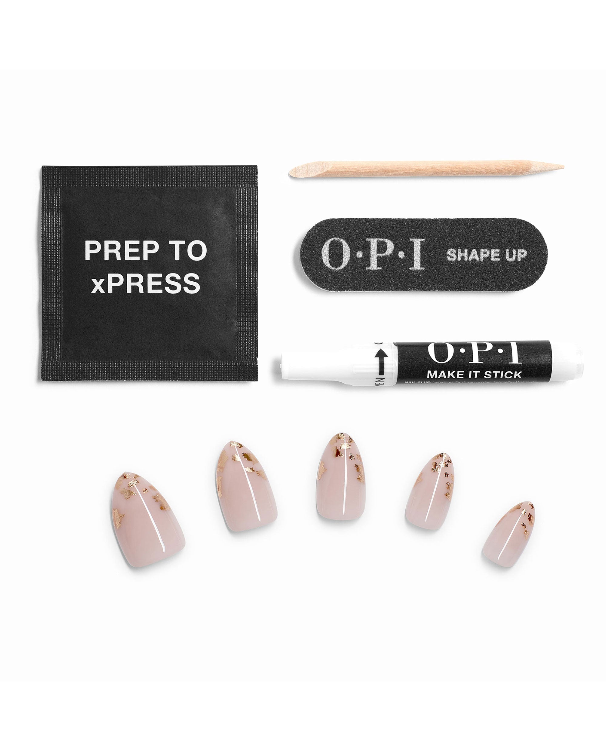 Confetti Connection xPRESS/ON Nail Art set by OPI arranged on white background, showing nude press-on nails with gold confetti accents, prep pad, wooden cuticle stick, mini nail file, and adhesive pen, ideal OPI nail polish gift set.