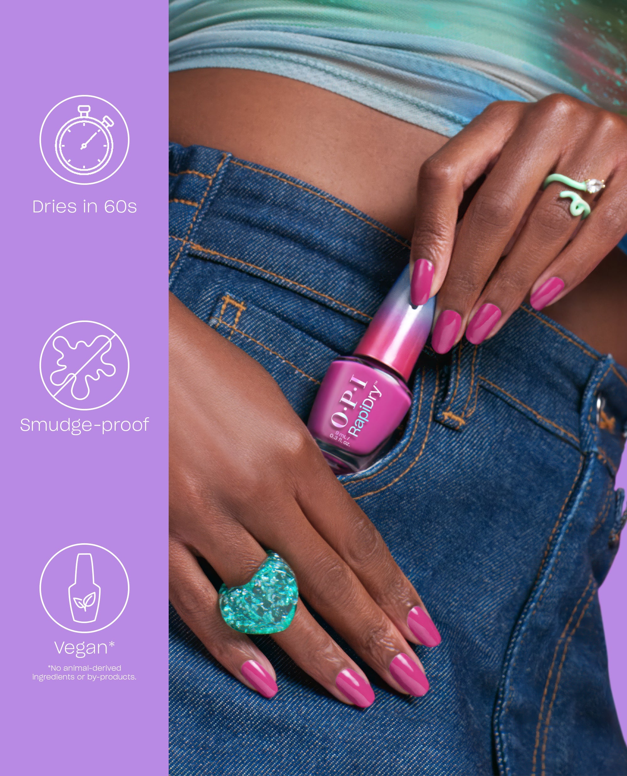 OPI RapiDry Proceed with (No) Caution pink nail polish rests in a jeans pocket beside matching glossy pink manicured nails, with icons noting dries in 60 seconds, smudge-proof, and vegan.