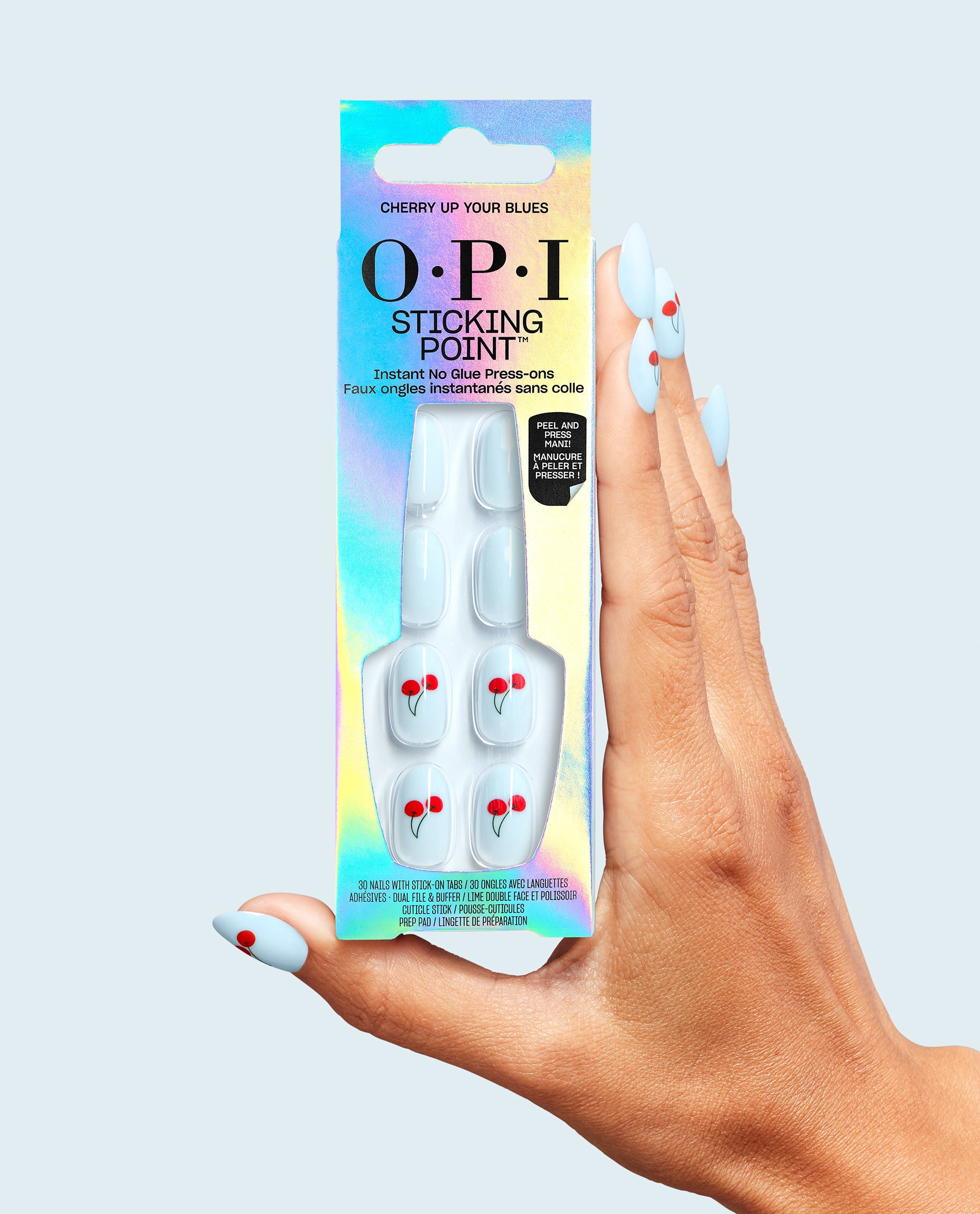 Cherry Up Your Blues Cherry Art Blue Round Stick On Nails Hand and Product