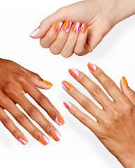 Three hands display OPI In My Own Swirl Sticking Point nail strips, with glossy pink, coral, orange, and pale blush swirl designs on short rounded nails against a white background.