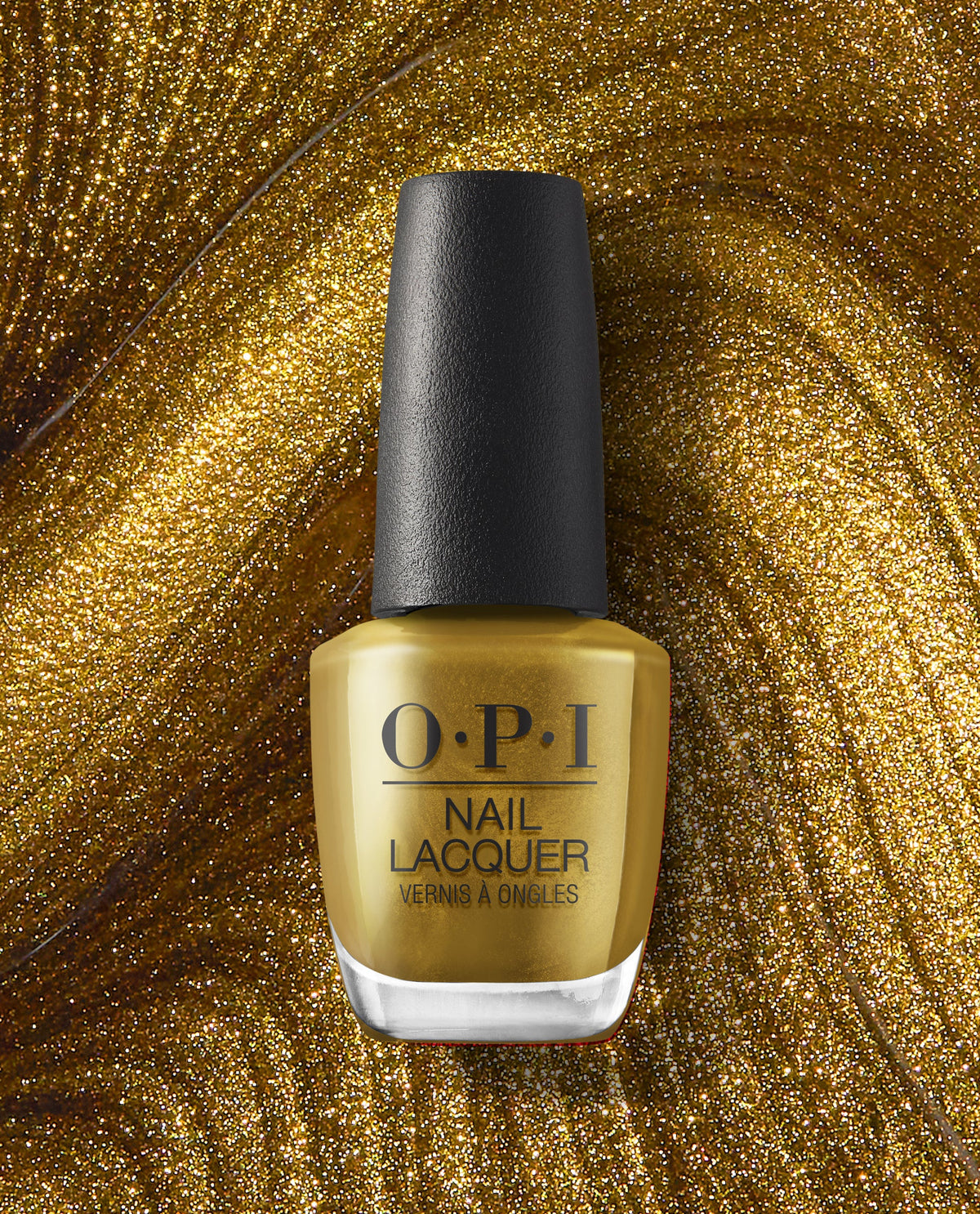 SaTURN Me On OPI nail polish bottle in metallic gold nail lacquer standing upright against a swirling gold glitter background, highlighting the shimmering, space-inspired shade for glamorous manicures.