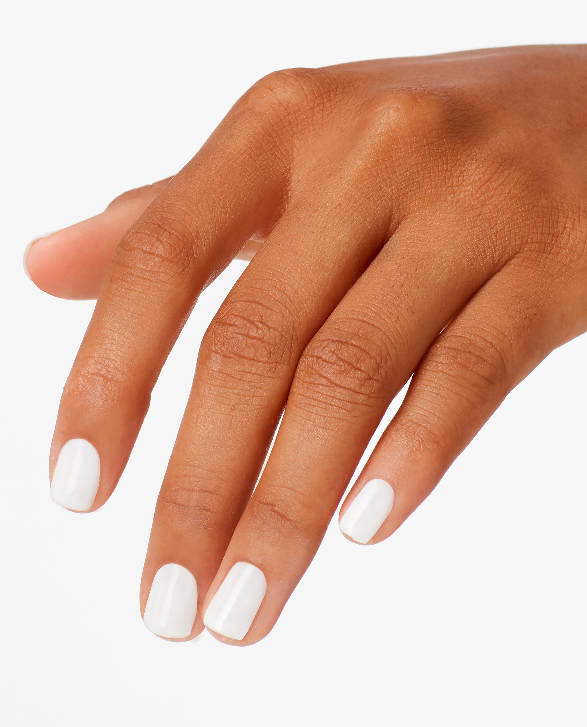 Hand with neatly manicured short nails painted in OPI Funny Bunny nail lacquer, showing the soft white, glossy finish against a clean white background, ideal for promoting an OPI nail polish gift set in the US market.