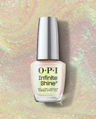 OPI Infinite Shine MarshmelloOo So Sweet nail polish bottle standing upright, showcasing its iridescent pearly white shimmer against a matching pastel glitter background, ideal as a trendy OPI nail polish gift set shade.