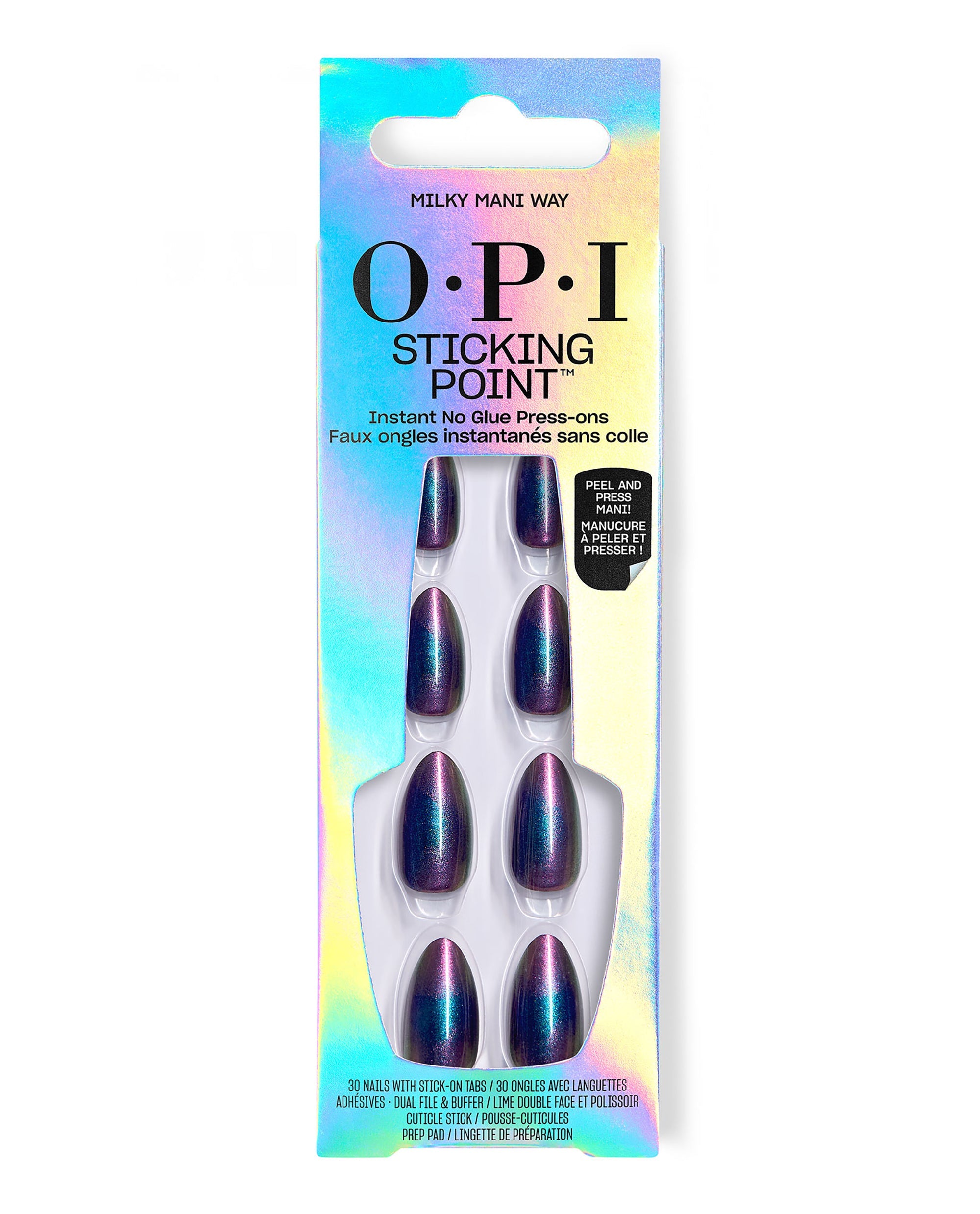 OPI Sticking Point Milky Mani Way press-on nails displayed in iridescent retail packaging, featuring glossy oval artificial nails with purple, teal, and blue shimmer for bold fall nail colors.