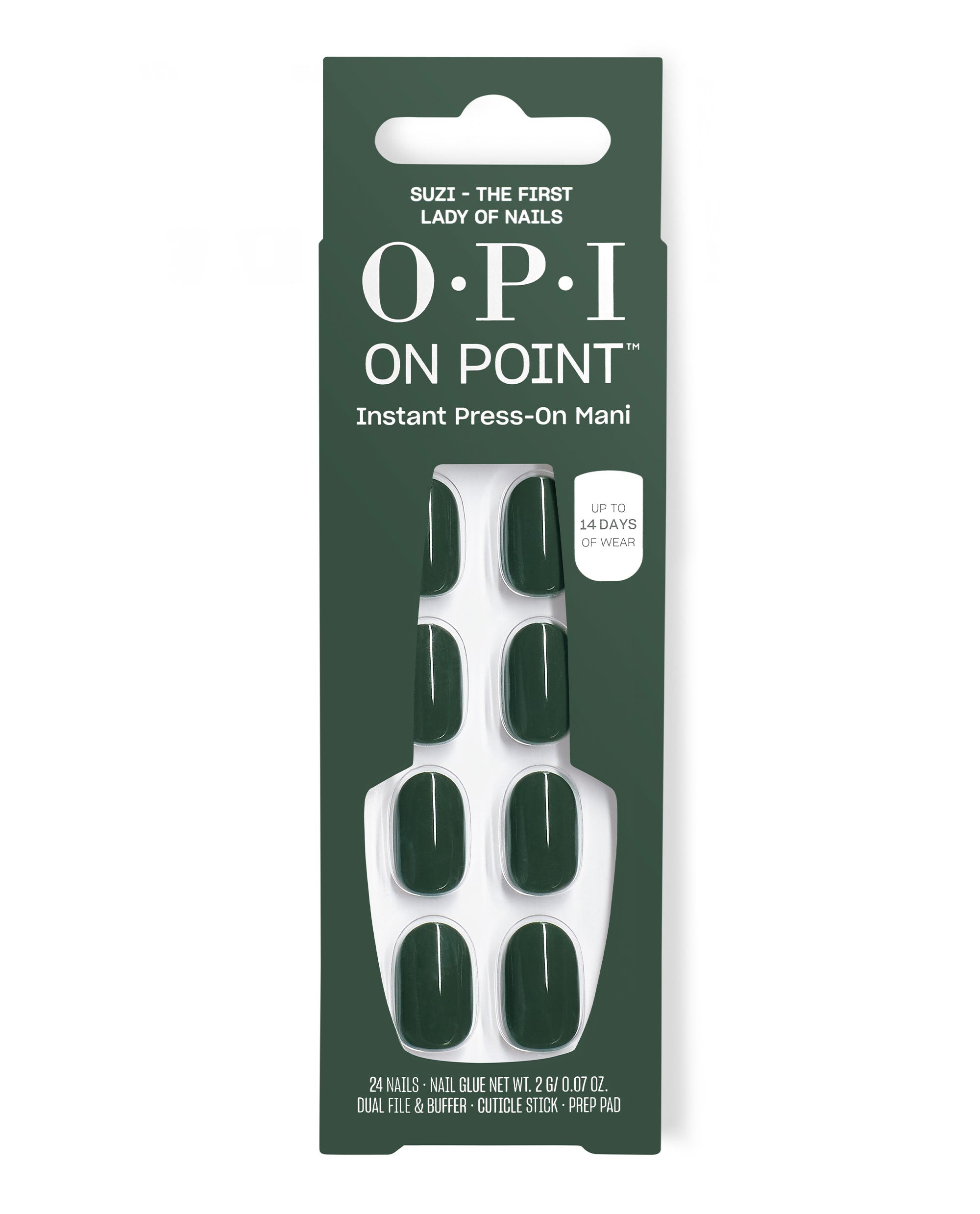 OPI On Point Suzi - The First Lady of Nails press-on manicure set displays glossy deep green artificial nails in a dark green box, with 24 nails, glue, file, buffer, cuticle stick, and prep pad.